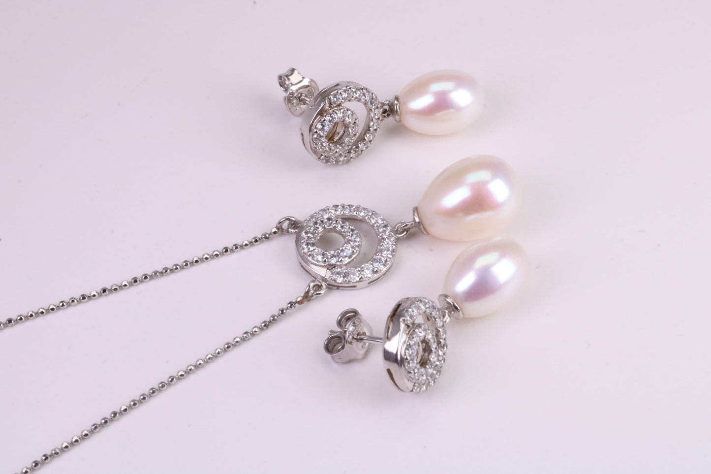 Natural Pearl and Cubic Zirconia set Necklace and Matching Earrings, set in Solid Silver, Length Adjustable Chain