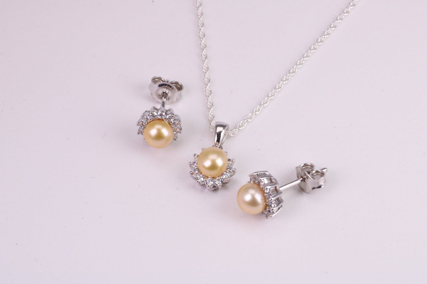 Natural Yellow Pearl and Cubic Zirconia set Necklace and Matching Earrings, set in Solid Silver