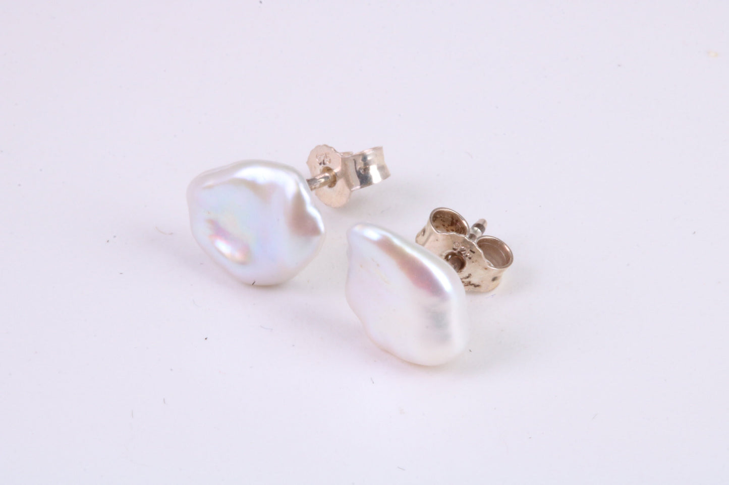 Freeform Natural Pearl Stud Earrings, set in Solid Silver
