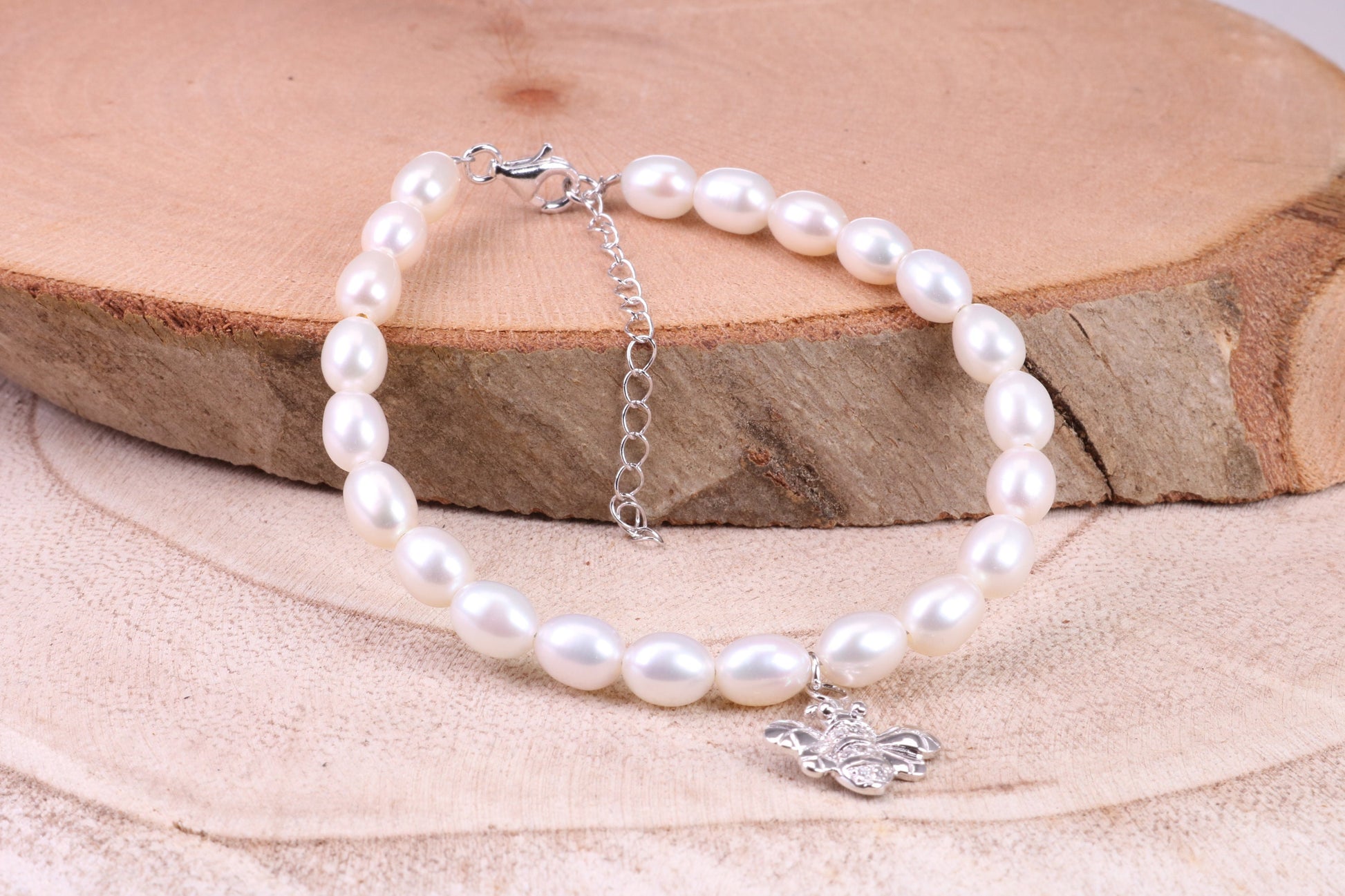 Freshwater Pearl Bracelet with Bumble Bee Charm Dropper, made from Sterling Silver