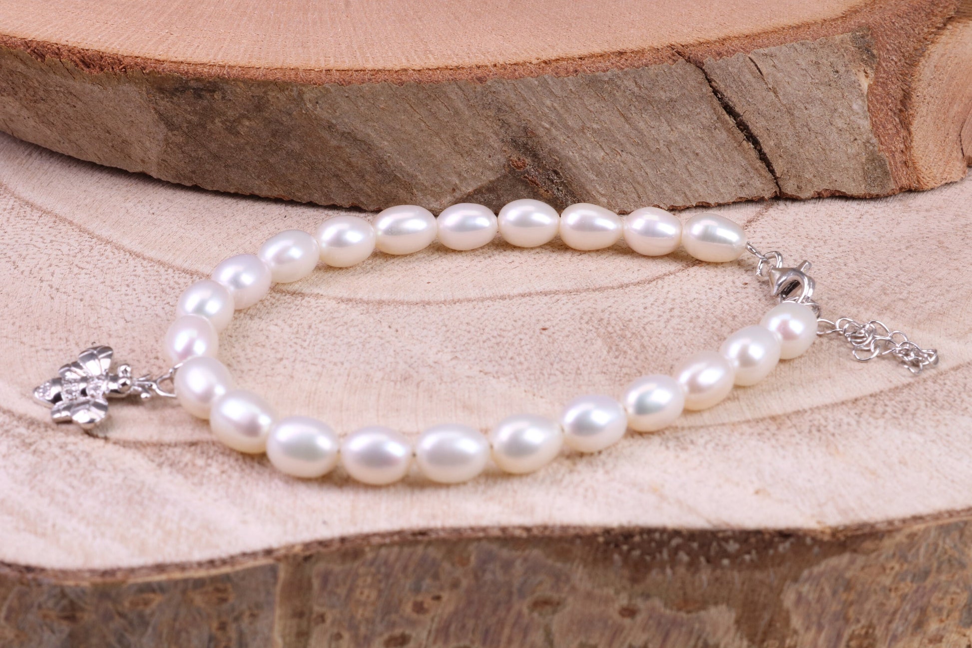 Freshwater Pearl Bracelet with Bumble Bee Charm Dropper, made from Sterling Silver