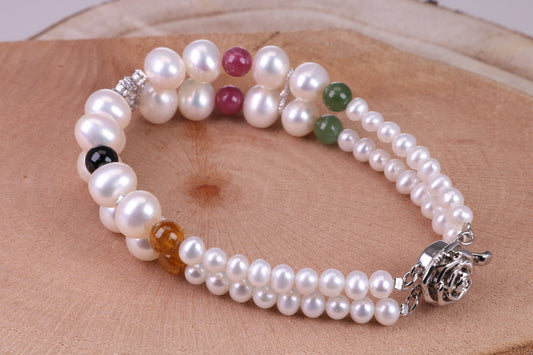 Multi Colour Double Row Freshwater Pearl Bracelet with Rose Flower Closure, made from Sterling Silver