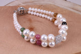Multi Colour Double Row Freshwater Pearl Bracelet with Rose Flower Closure, made from Sterling Silver
