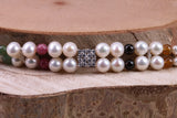 Multi Colour Double Row Freshwater Pearl Bracelet with Rose Flower Closure, made from Sterling Silver