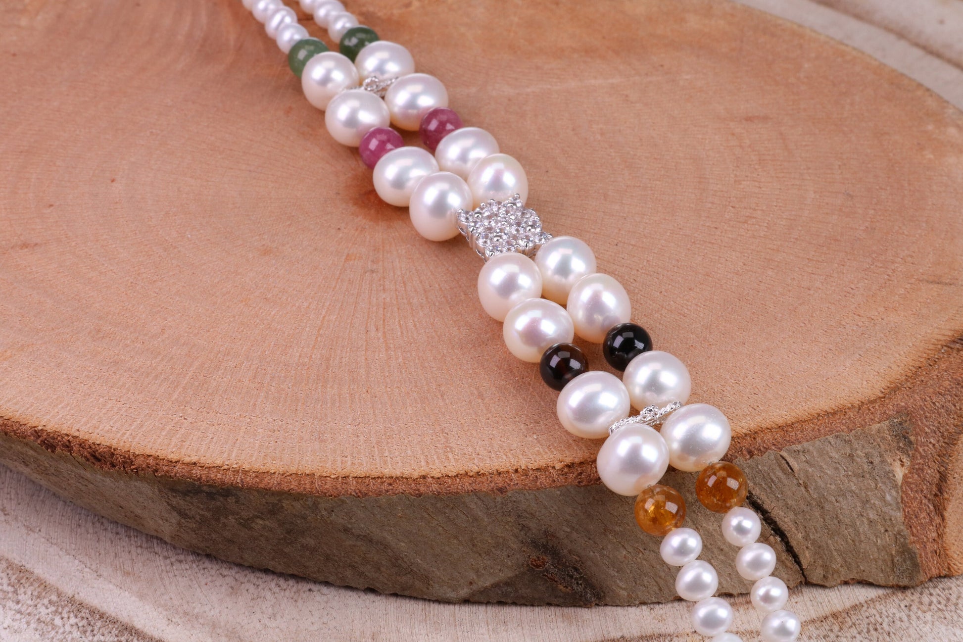 Multi Colour Double Row Freshwater Pearl Bracelet with Rose Flower Closure, made from Sterling Silver