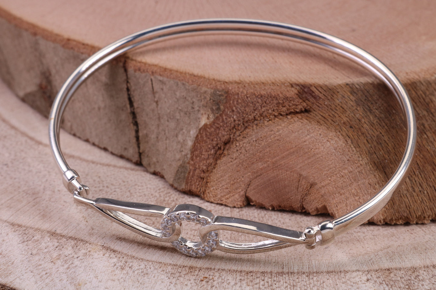 Oval C Z Set Hinged Solid Silver Bangle