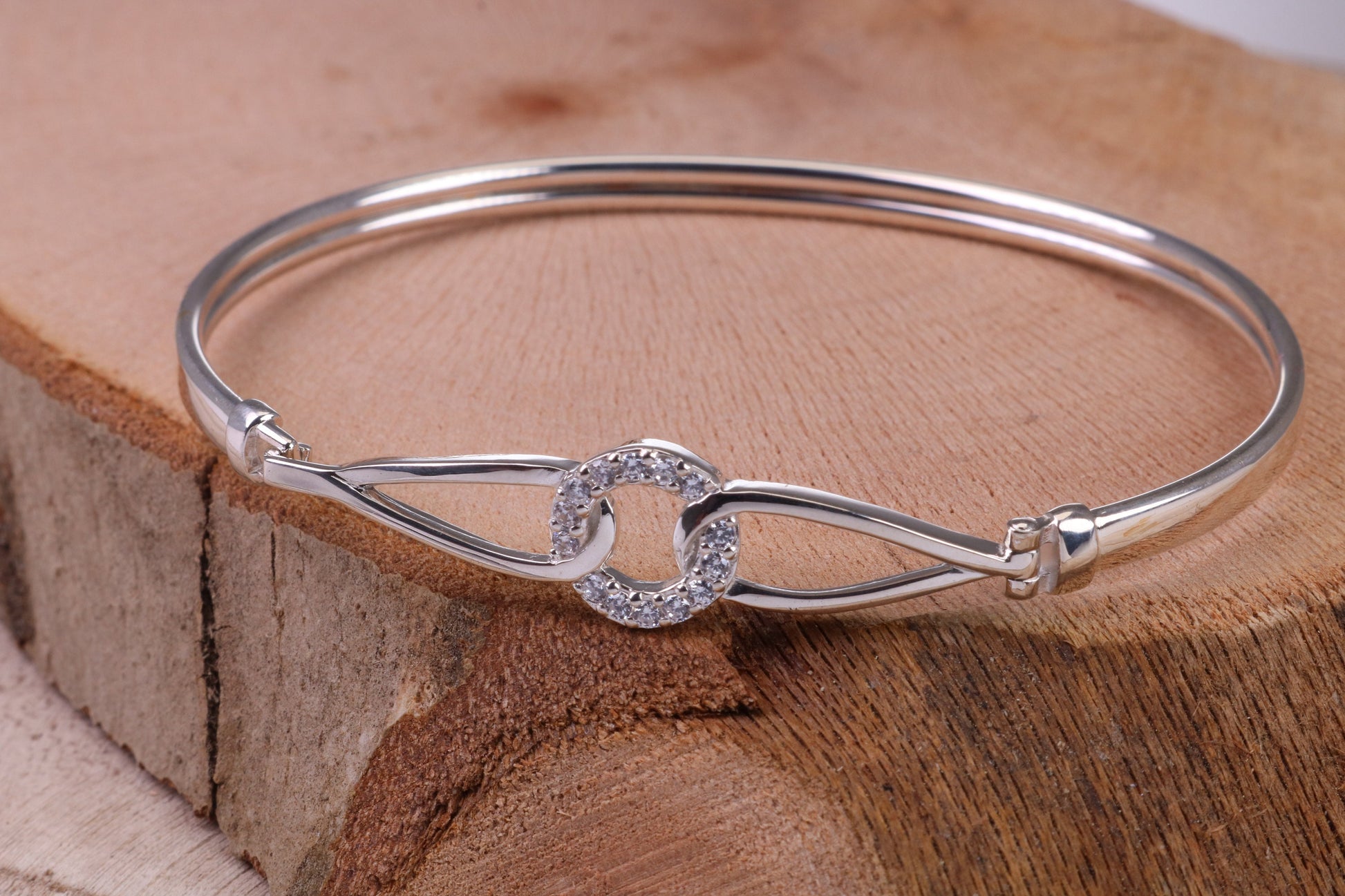 Oval C Z Set Hinged Solid Silver Bangle