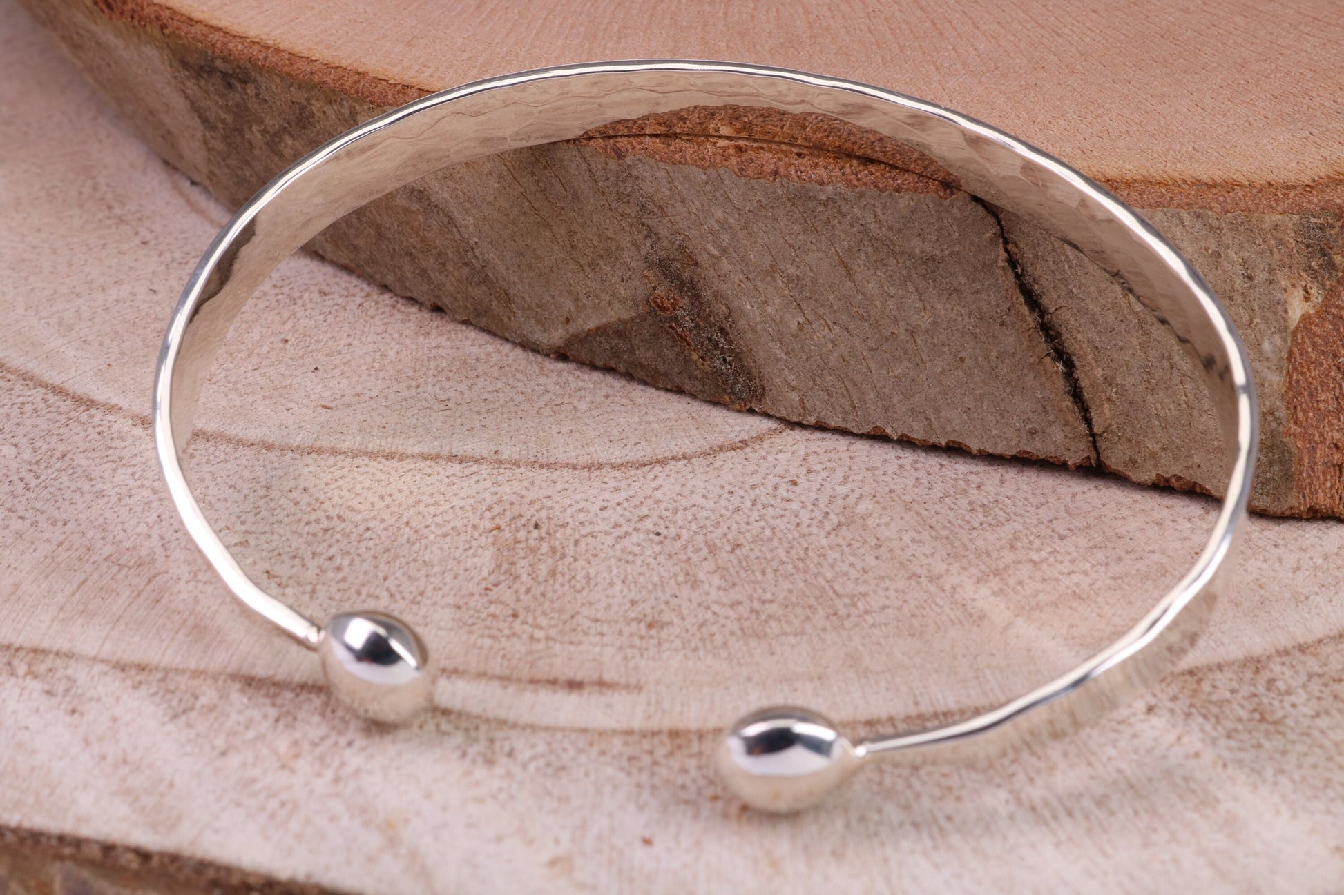 Hammered Finish Oval Solid Silver Bangle