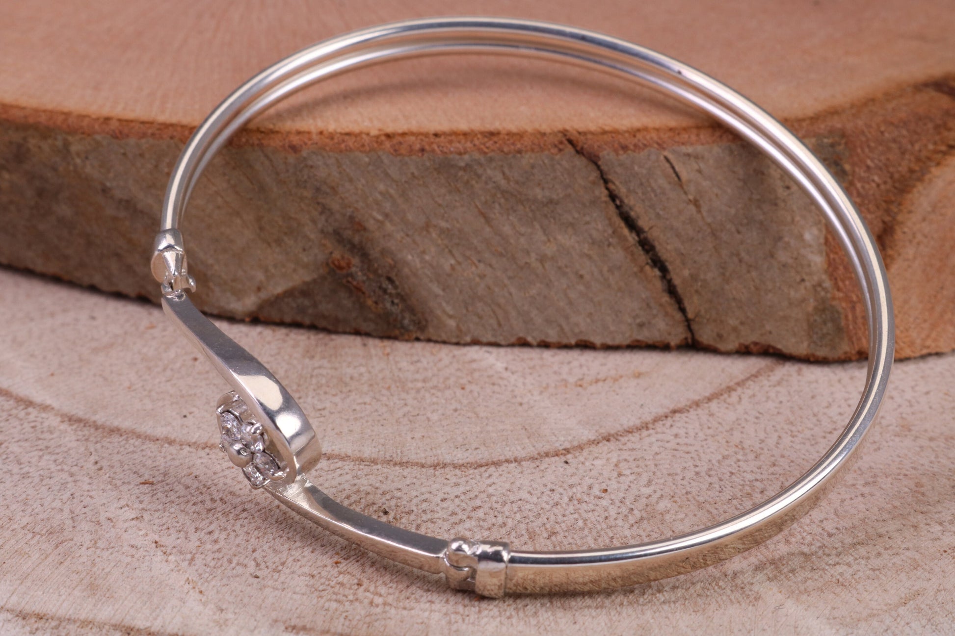 Oval C Z Set Hinged Solid Silver Bangle