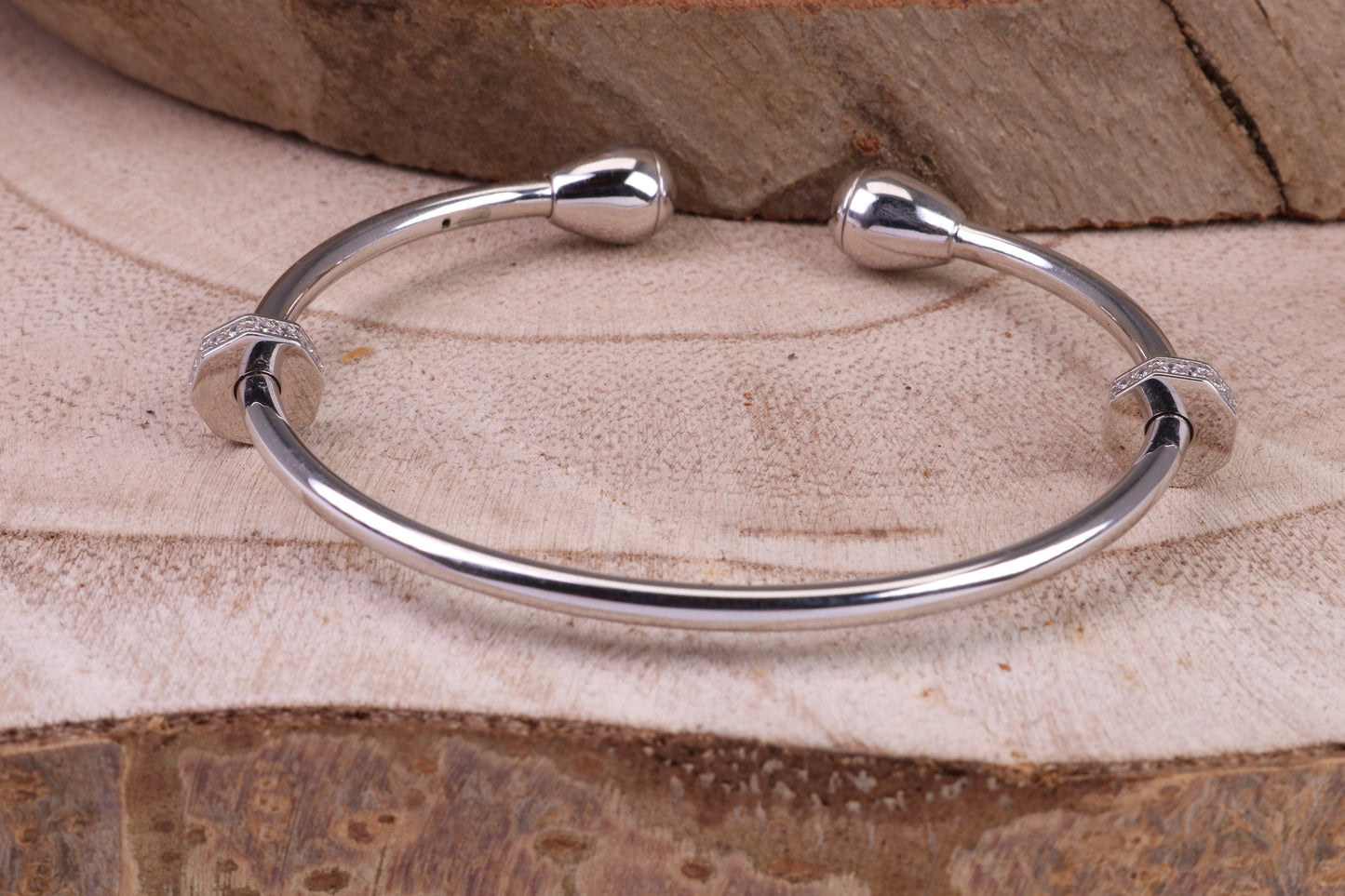 Oval C Z Set Open Ended Solid Silver Bangle