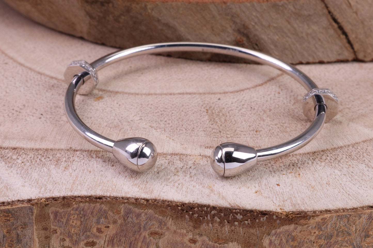 Oval C Z Set Open Ended Solid Silver Bangle