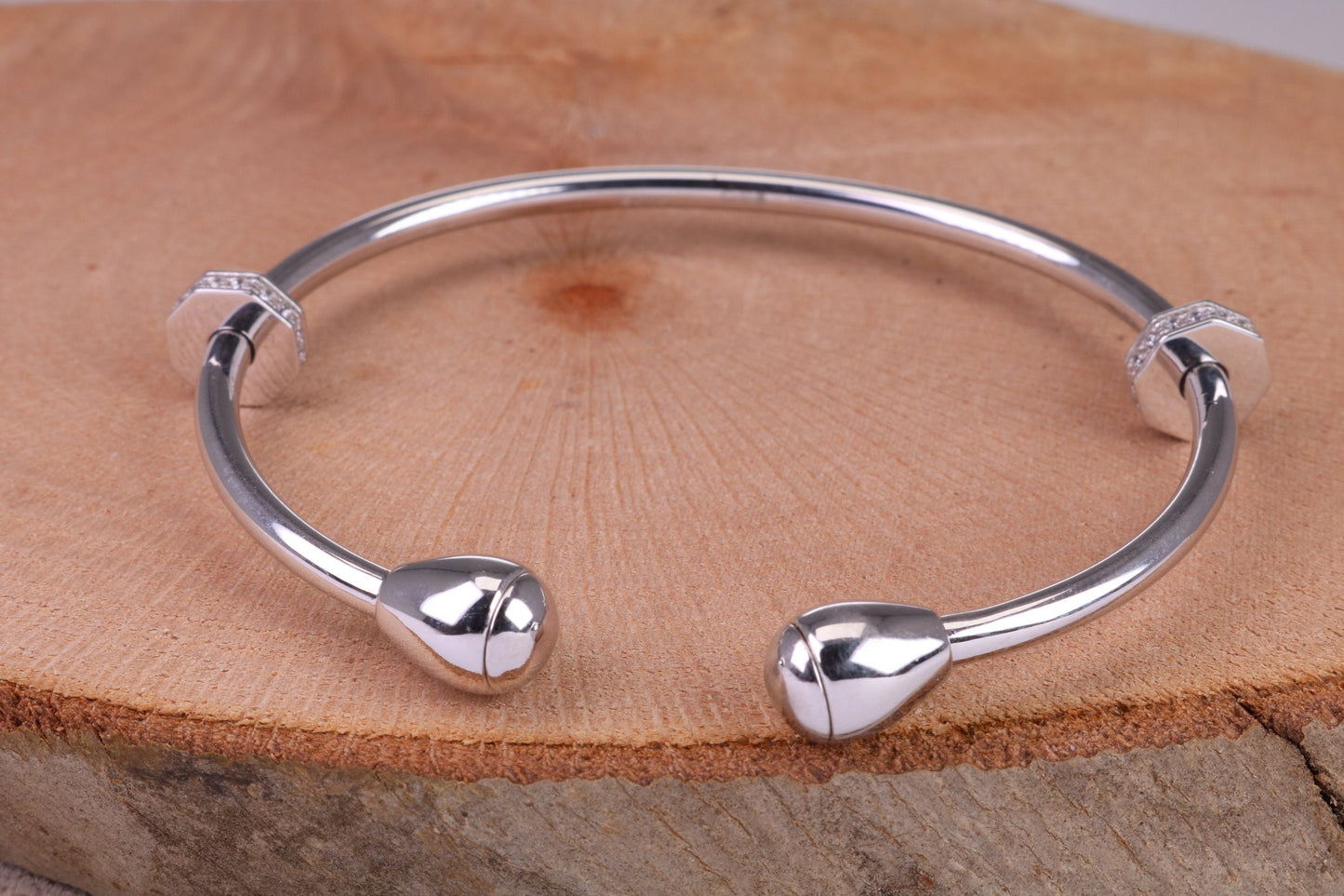 Oval C Z Set Open Ended Solid Silver Bangle