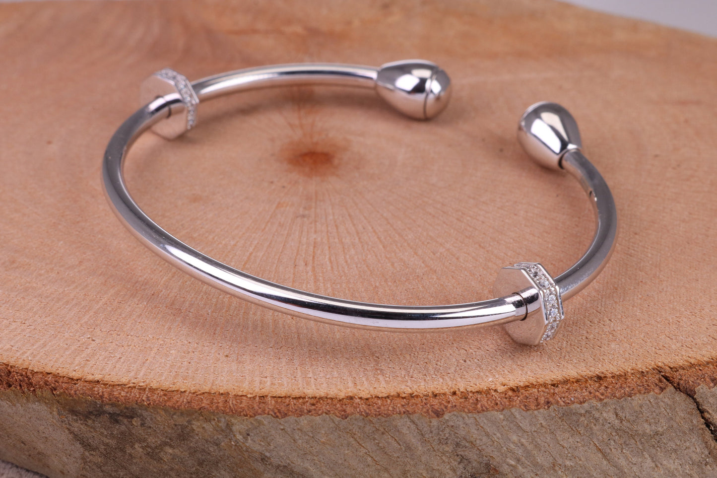 Oval C Z Set Open Ended Solid Silver Bangle