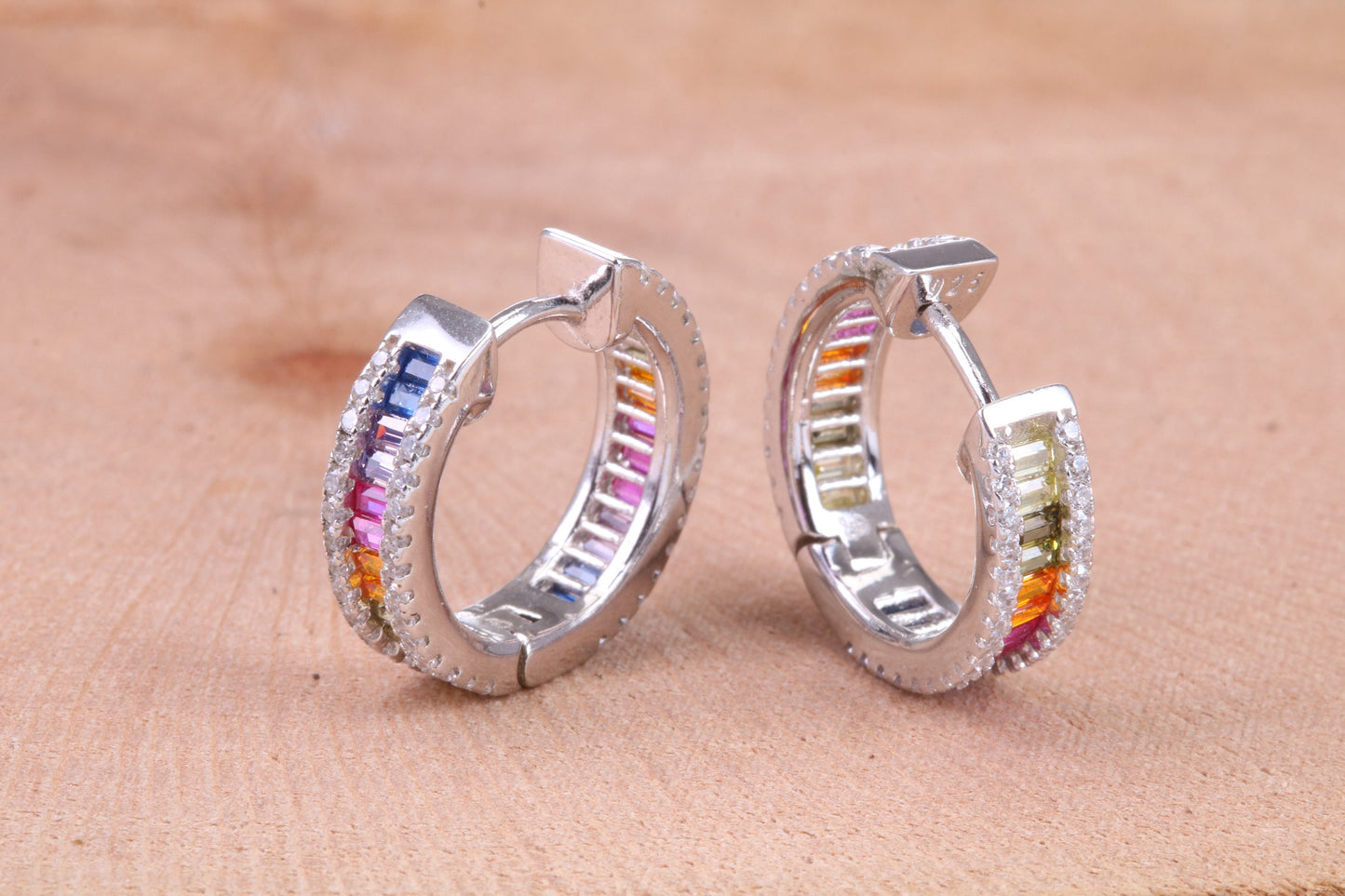 Half Hoop Rainbow Colour Cubic Zirconia set Earrings, Very Dressy, Made from Solid 925 Grade Sterling Silver