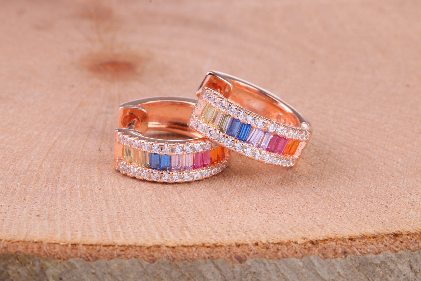 Half Hoop Rainbow Colour Cubic Zirconia set Earrings, Very Dressy, Made from Solid 925 Grade Sterling Silver, Rose Gold Plated