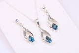 Teardrop Blue Sapphire C Z set Necklace and Earrings, made from solid Sterling Silver