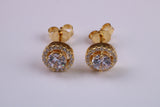 8 mm Round Cluster Cubic Zirconia set Earrings, Very Dressy, Made from Solid 925 Grade Sterling Silver, Yellow Gold Plated