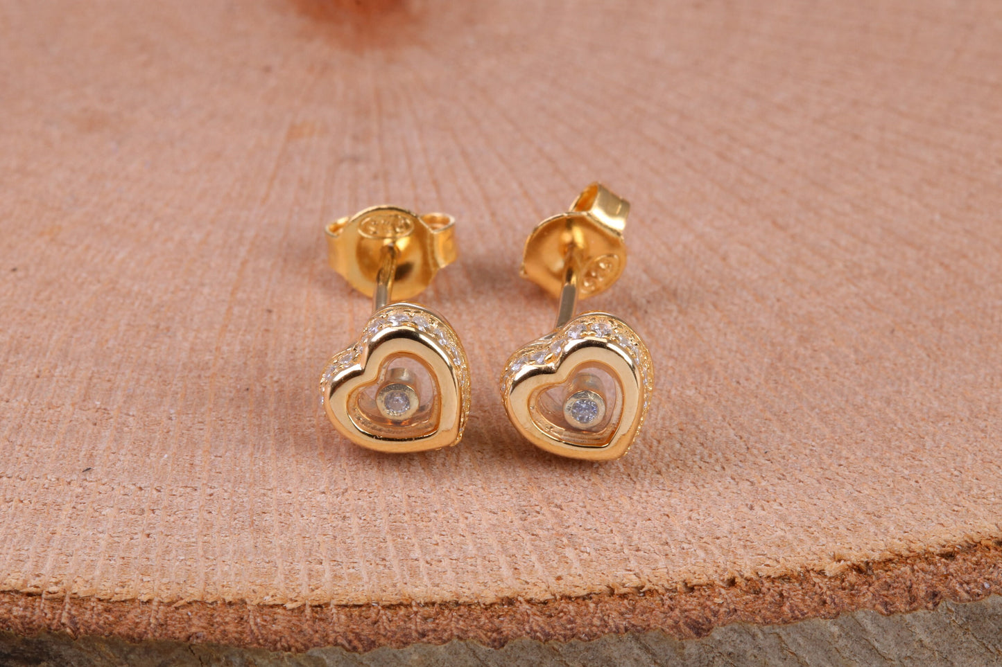 Love Heart Shaped Cubic Zirconia set Earrings, Very Dressy, Made from Solid 925 Grade Sterling Silver, Yellow Gold Plated