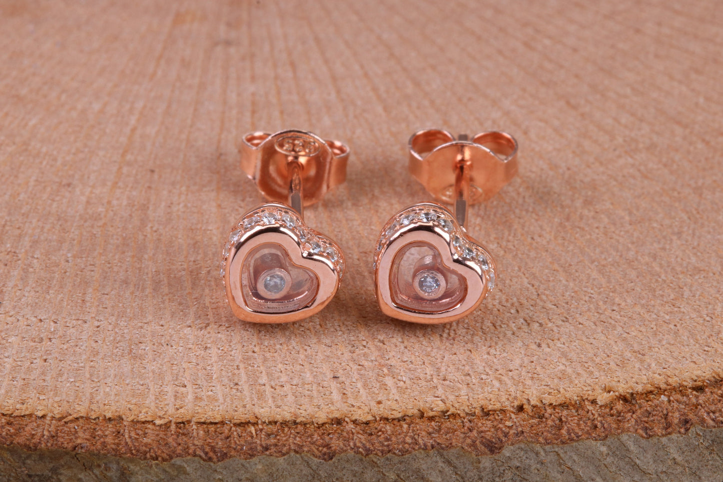 Love Heart Shaped Cubic Zirconia set Earrings, Very Dressy, Made from Solid 925 Grade Sterling Silver, Rose Gold Plated