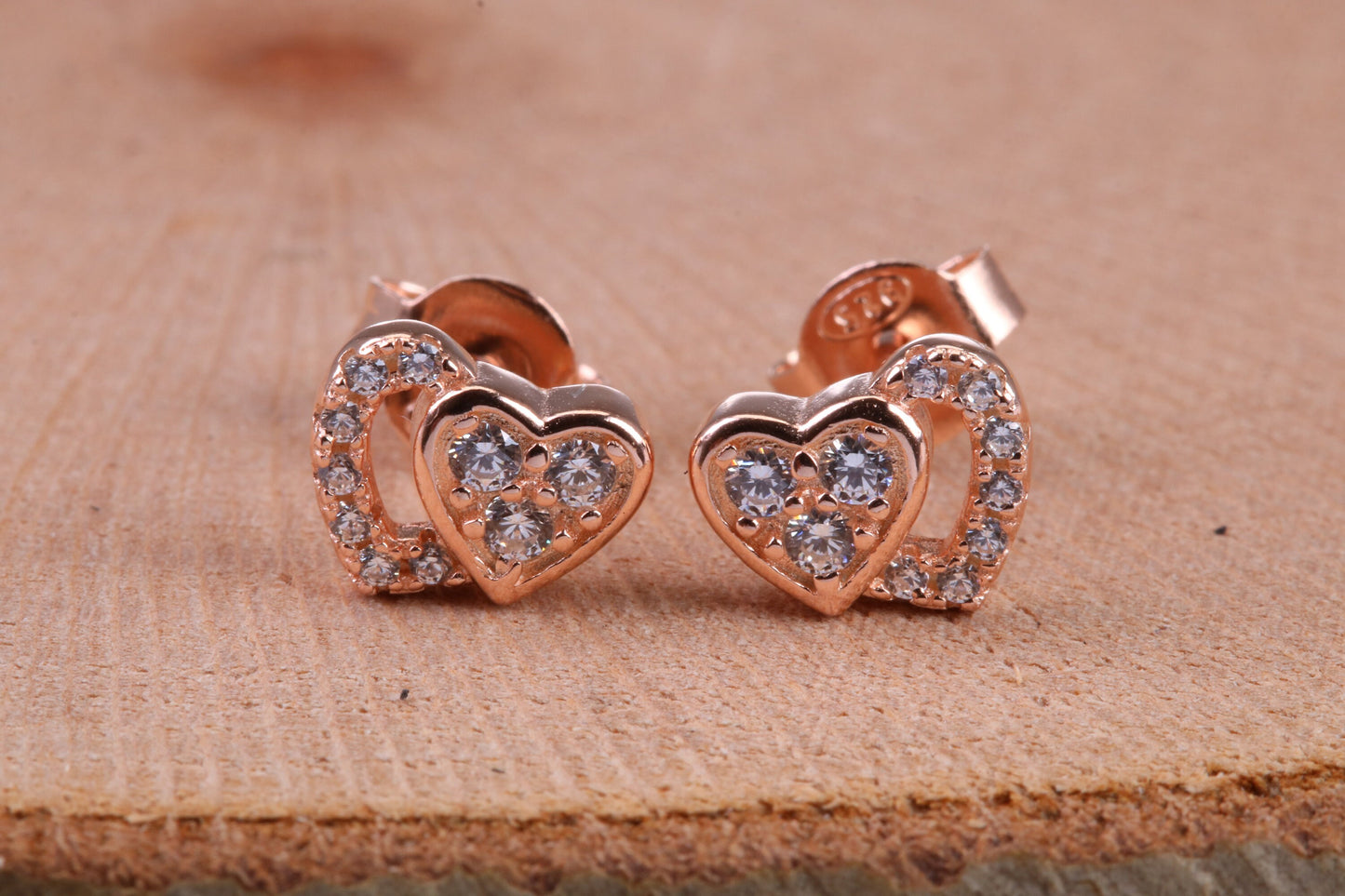 Double Love Heart Shaped Cubic Zirconia set Earrings, Very Dressy, Made from Solid 925 Grade Sterling Silver, Rose Gold Plated