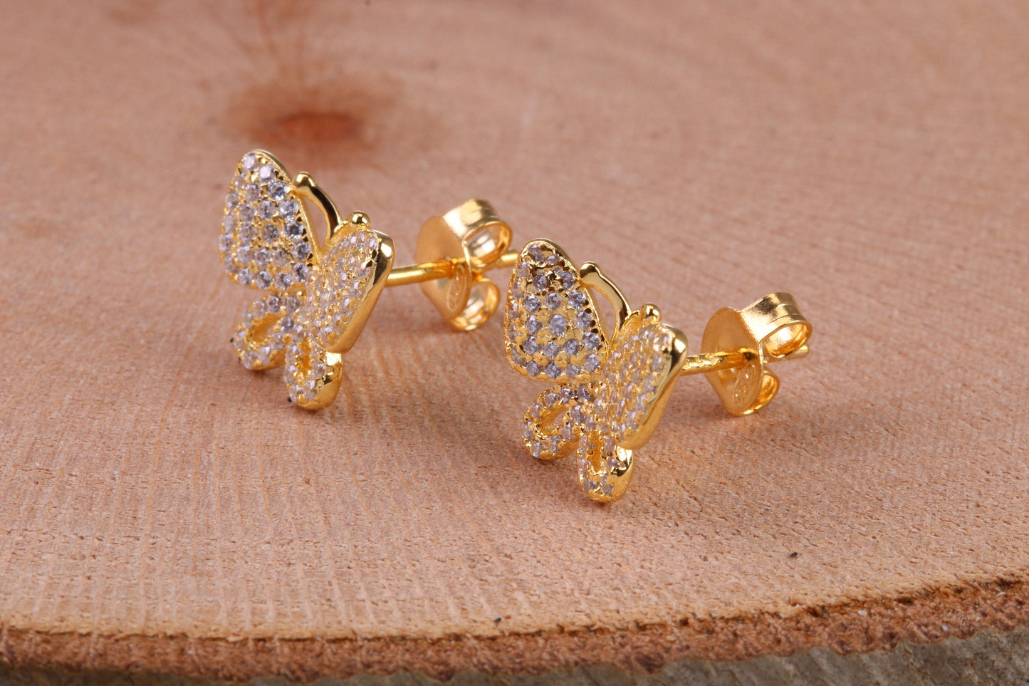 Butterfly Cubic Zirconia set Earrings, Very Dressy, Made from Solid 925 Grade Sterling Silver, Yellow Gold Plated