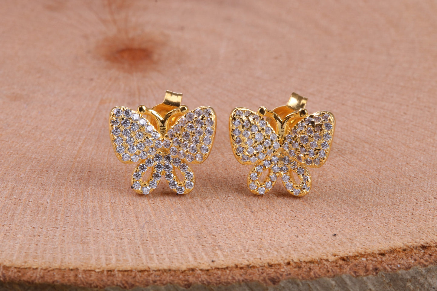 Butterfly Cubic Zirconia set Earrings, Very Dressy, Made from Solid 925 Grade Sterling Silver, Yellow Gold Plated