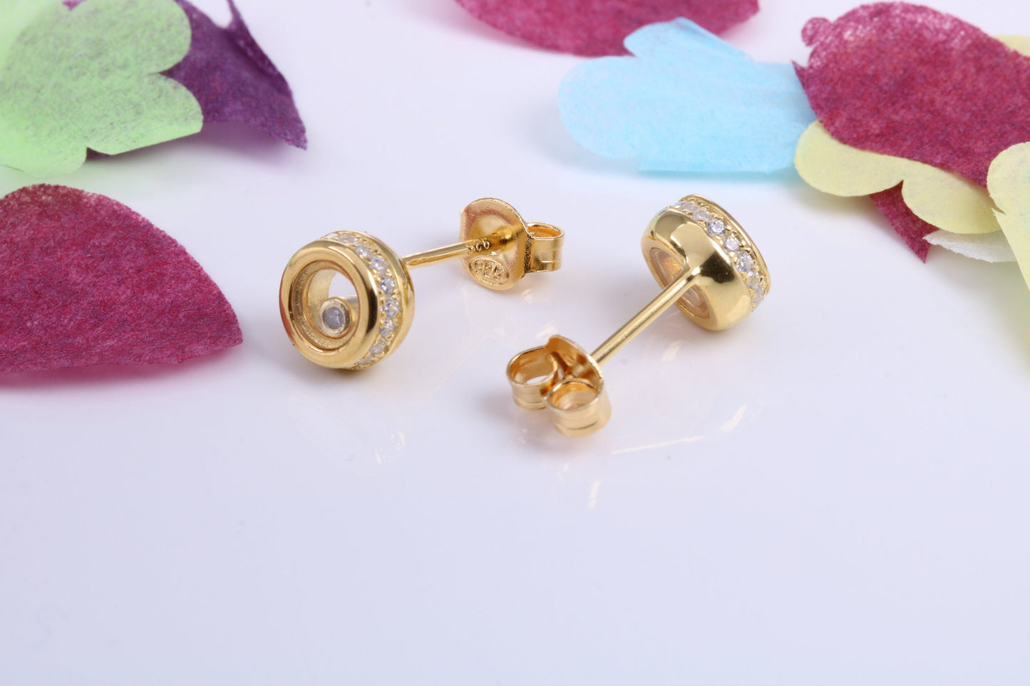 7 mm Round Cubic Zirconia set Earrings, Very Dressy, Made from Solid 925 Grade Sterling Silver, Yellow Gold Plated