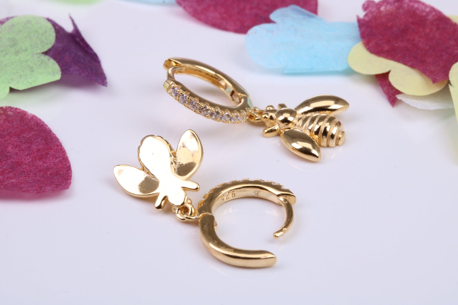 Bumble Bee Dropper Earrings, Cubic Zirconia set, Made from Solid 925 Grade Sterling Silver, Yellow Gold Plated
