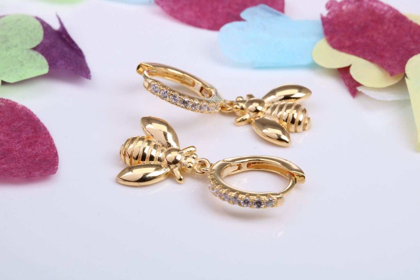 Bumble Bee Dropper Earrings, Cubic Zirconia set, Made from Solid 925 Grade Sterling Silver, Yellow Gold Plated