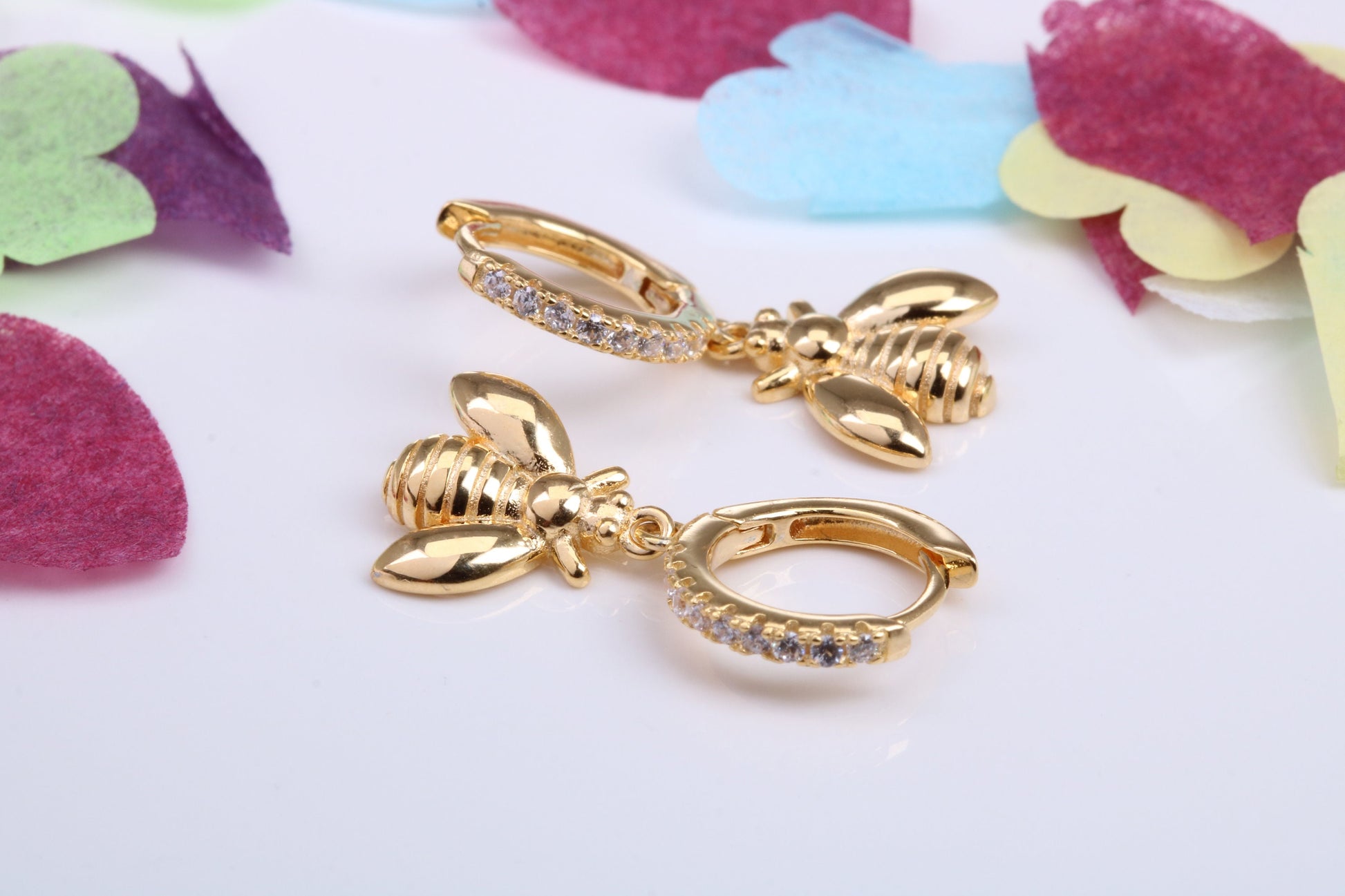 Bumble Bee Dropper Earrings, Cubic Zirconia set, Made from Solid 925 Grade Sterling Silver, Yellow Gold Plated