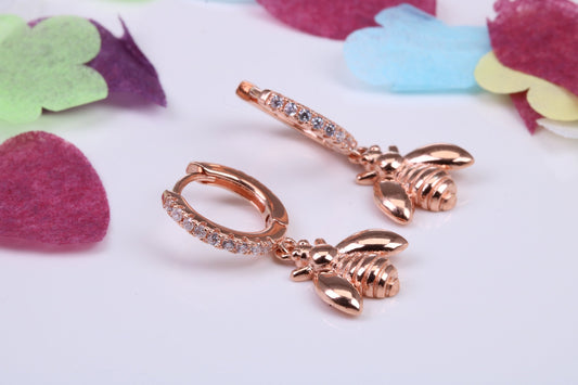 Bumble Bee Dropper Earrings, Cubic Zirconia set, Made from Solid 925 Grade Sterling Silver, Rose Gold Plated