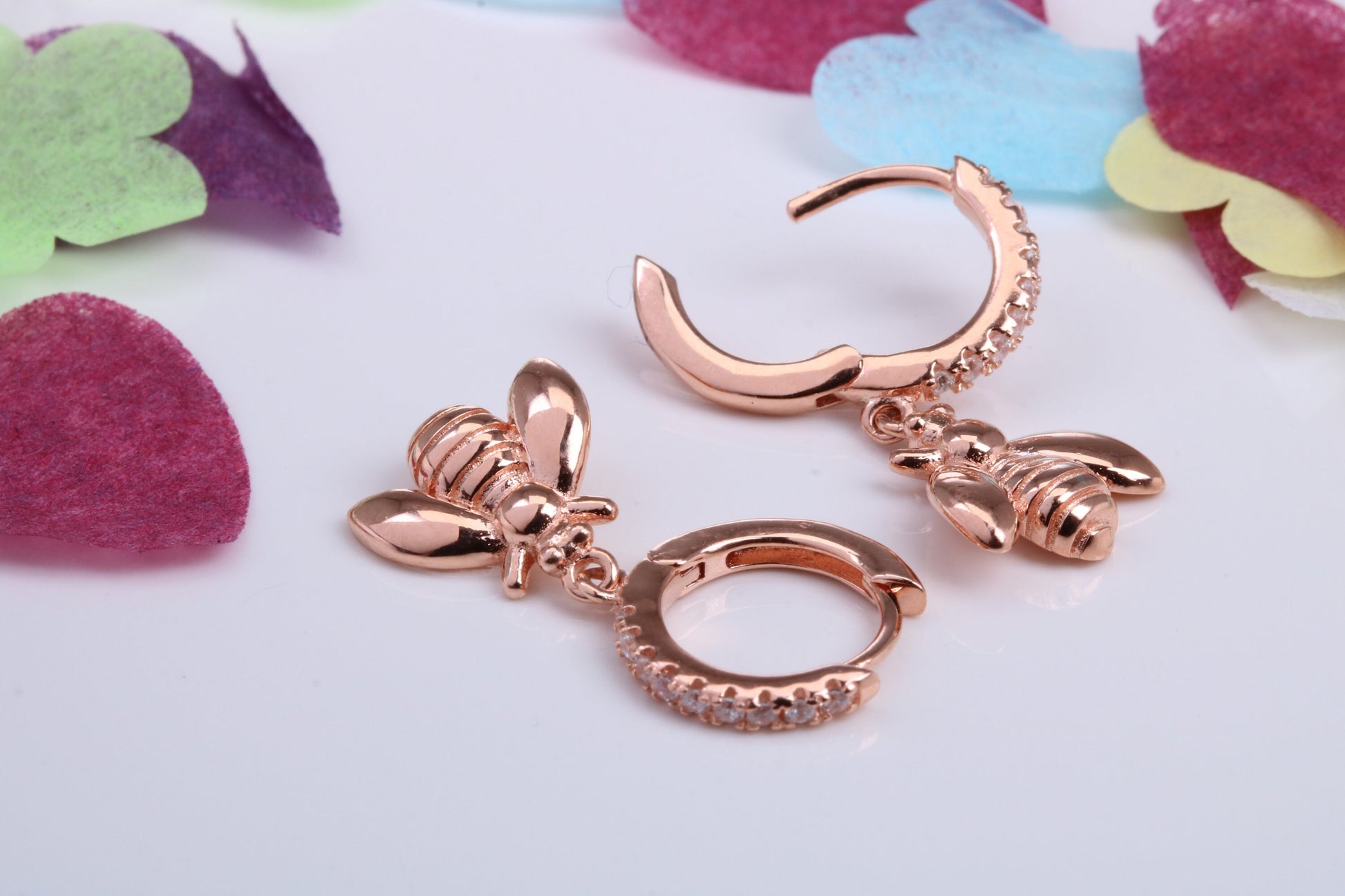 Bumble Bee Dropper Earrings, Cubic Zirconia set, Made from Solid 925 Grade Sterling Silver, Rose Gold Plated