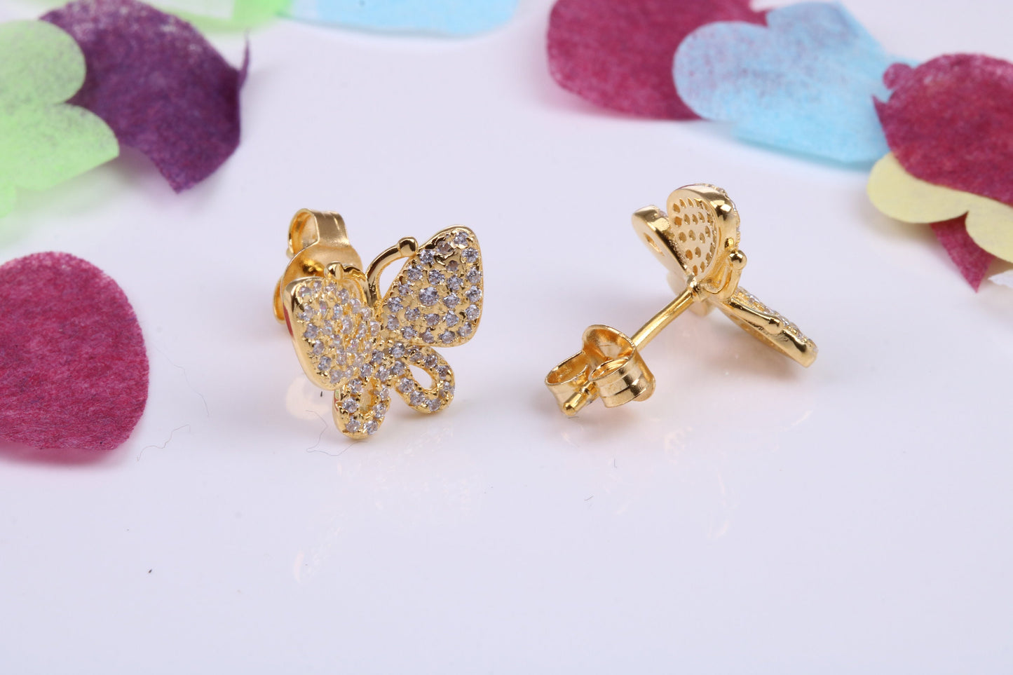 Butterfly Cubic Zirconia set Earrings, Very Dressy, Made from Solid 925 Grade Sterling Silver, Yellow Gold Plated