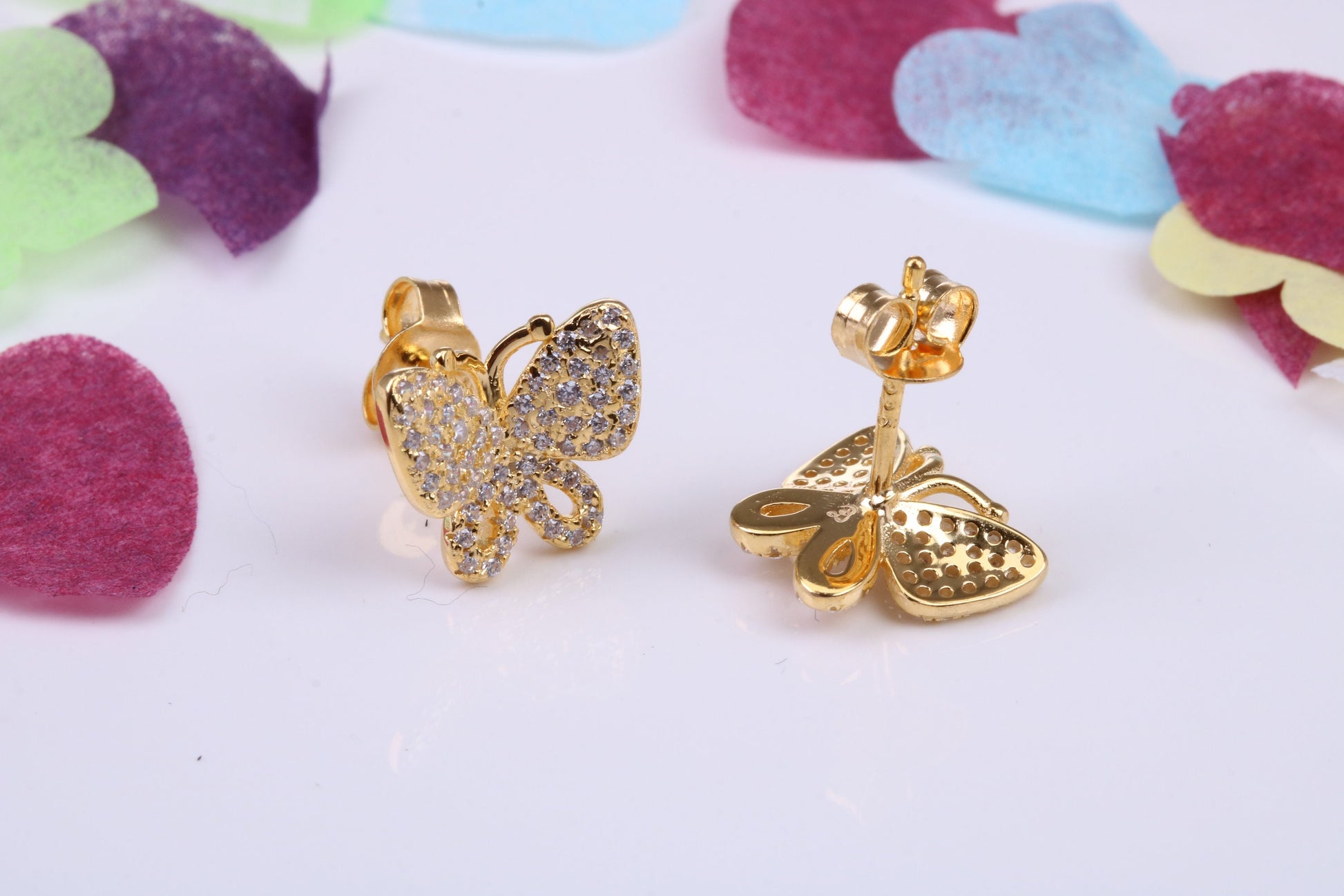 Butterfly Cubic Zirconia set Earrings, Very Dressy, Made from Solid 925 Grade Sterling Silver, Yellow Gold Plated