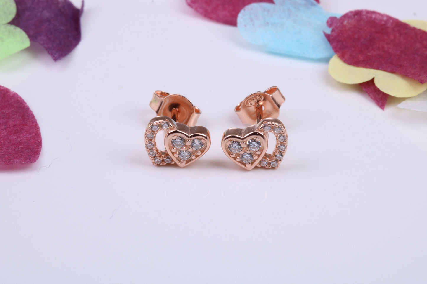 Double Love Heart Shaped Cubic Zirconia set Earrings, Very Dressy, Made from Solid 925 Grade Sterling Silver, Rose Gold Plated