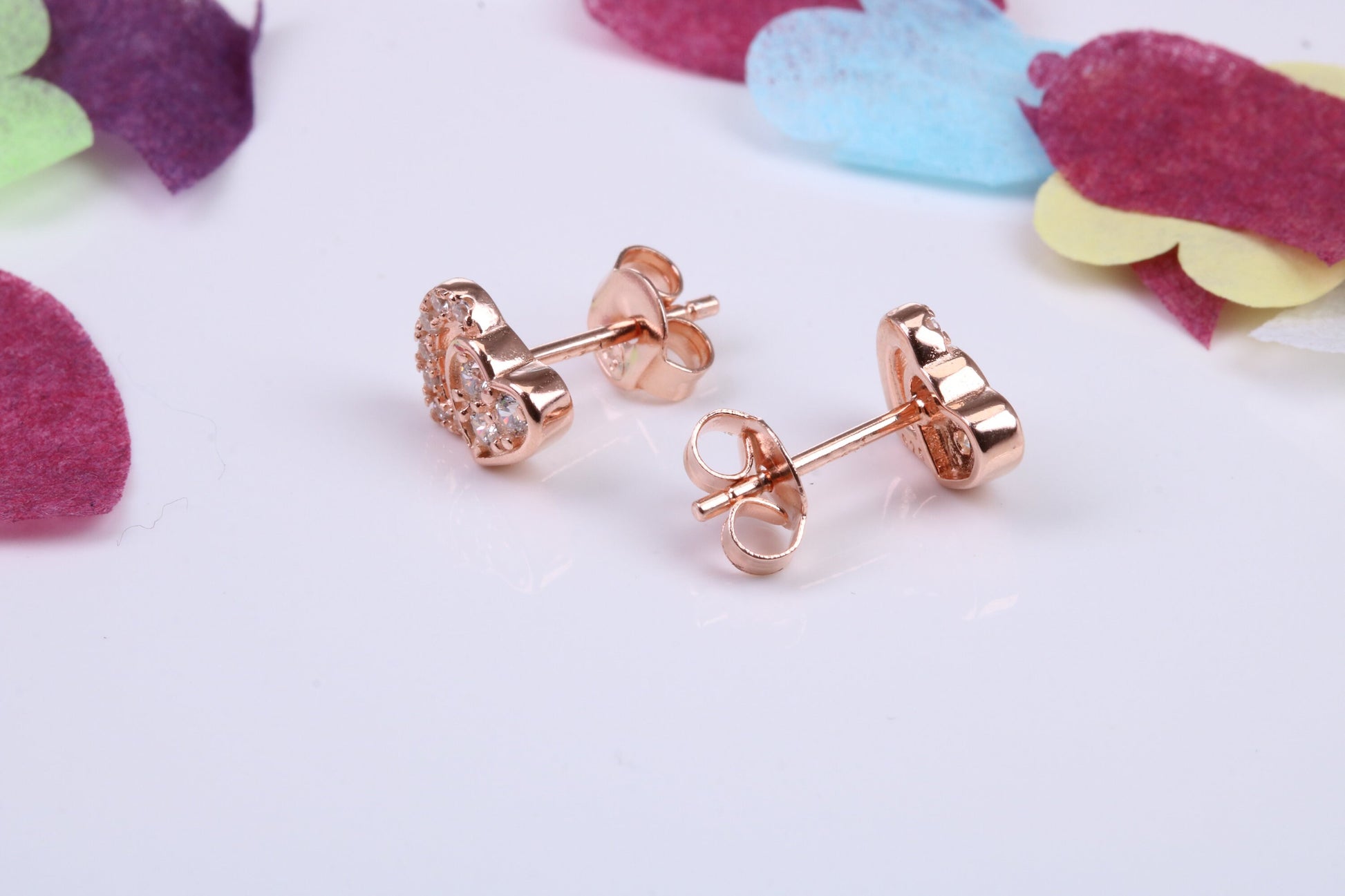 Double Love Heart Shaped Cubic Zirconia set Earrings, Very Dressy, Made from Solid 925 Grade Sterling Silver, Rose Gold Plated