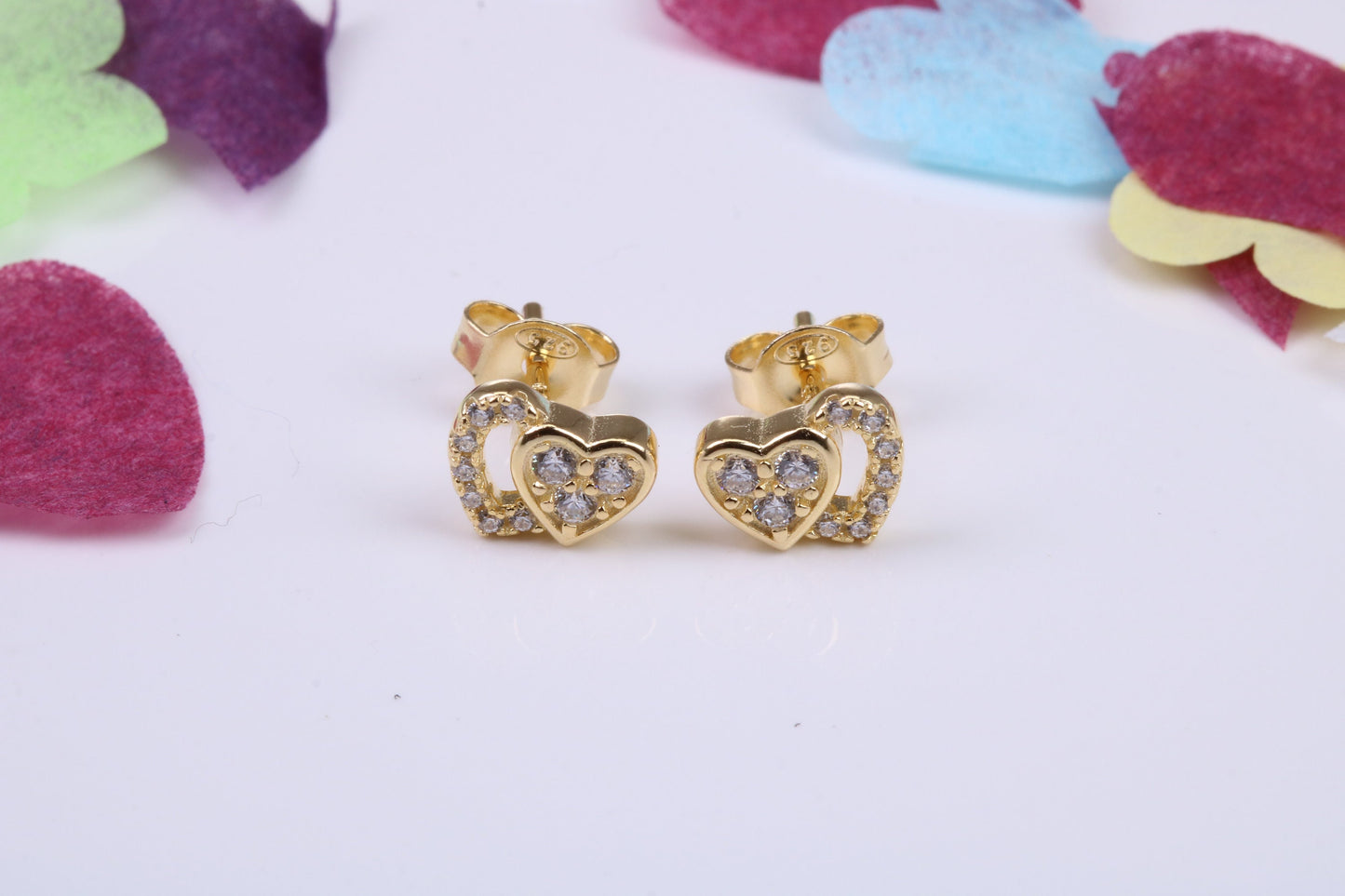 Double Love Heart Shaped Cubic Zirconia set Earrings, Very Dressy, Made from Solid 925 Grade Sterling Silver, Yellow Gold Plated