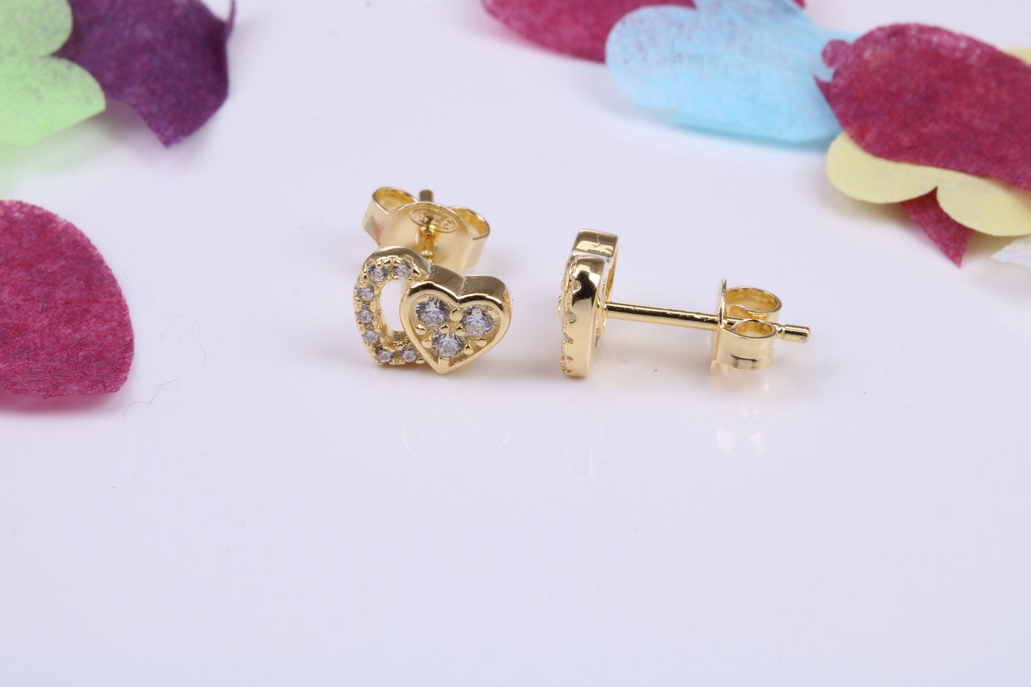 Double Love Heart Shaped Cubic Zirconia set Earrings, Very Dressy, Made from Solid 925 Grade Sterling Silver, Yellow Gold Plated