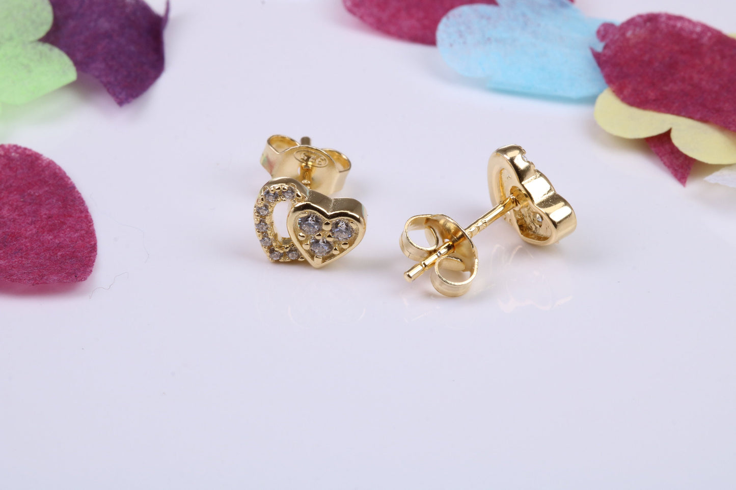 Double Love Heart Shaped Cubic Zirconia set Earrings, Very Dressy, Made from Solid 925 Grade Sterling Silver, Yellow Gold Plated