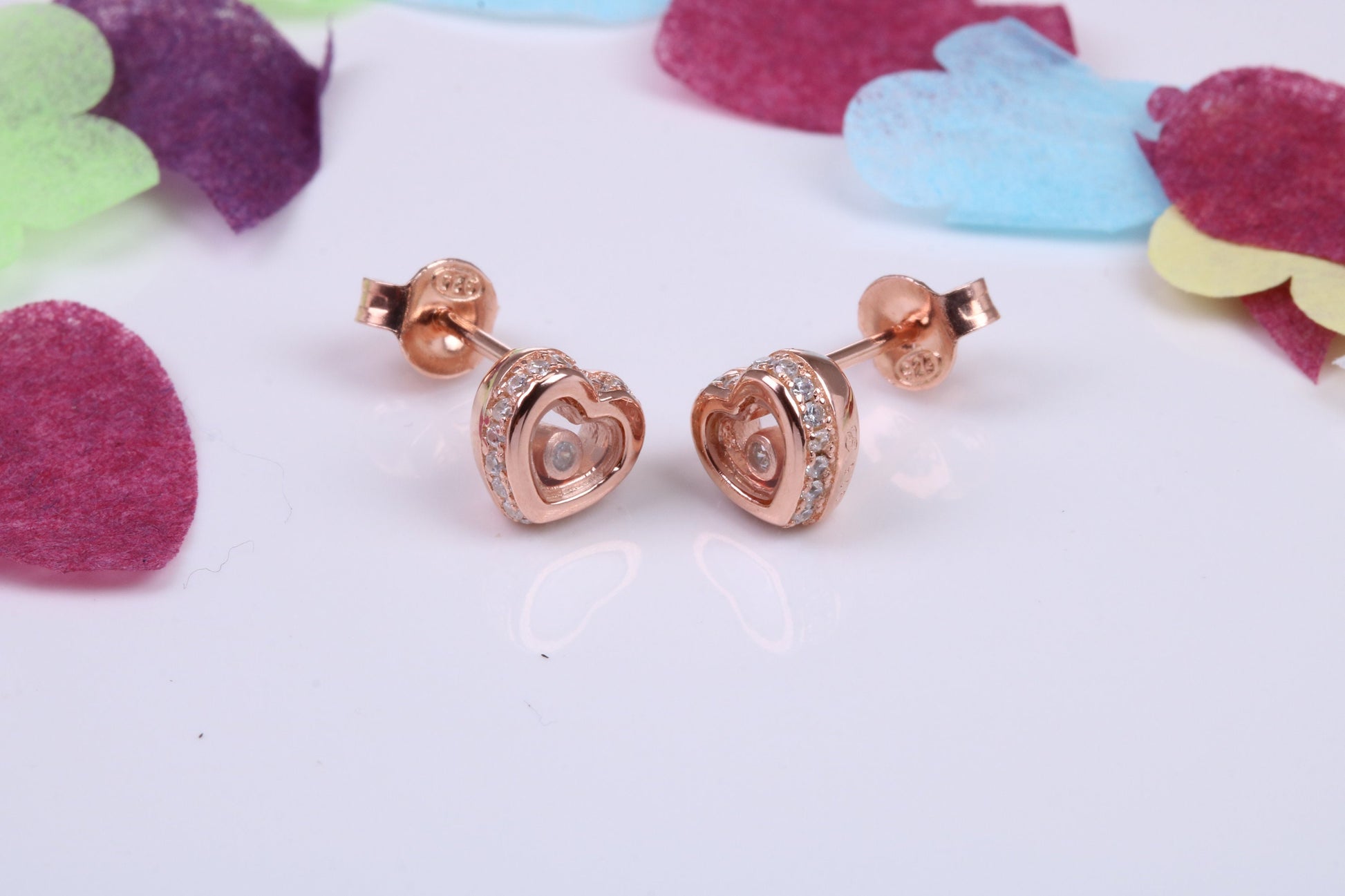 Love Heart Shaped Cubic Zirconia set Earrings, Very Dressy, Made from Solid 925 Grade Sterling Silver, Rose Gold Plated