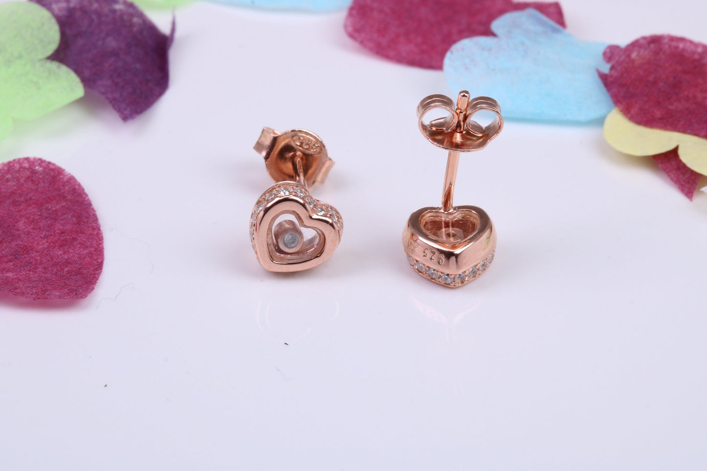 Love Heart Shaped Cubic Zirconia set Earrings, Very Dressy, Made from Solid 925 Grade Sterling Silver, Rose Gold Plated