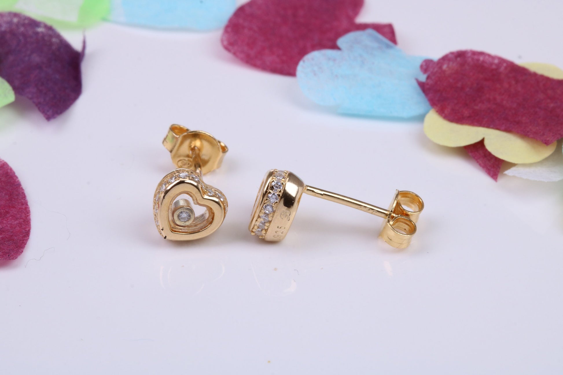 Love Heart Shaped Cubic Zirconia set Earrings, Very Dressy, Made from Solid 925 Grade Sterling Silver, Yellow Gold Plated