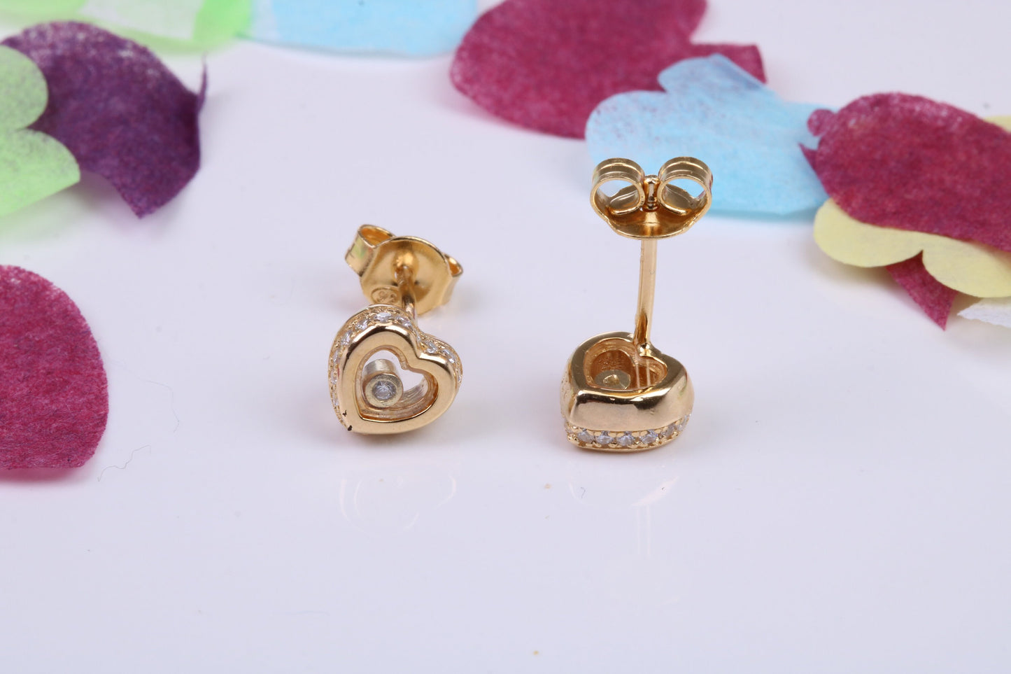 Love Heart Shaped Cubic Zirconia set Earrings, Very Dressy, Made from Solid 925 Grade Sterling Silver, Yellow Gold Plated