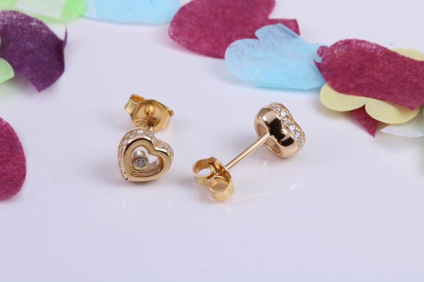 Love Heart Shaped Cubic Zirconia set Earrings, Very Dressy, Made from Solid 925 Grade Sterling Silver, Yellow Gold Plated