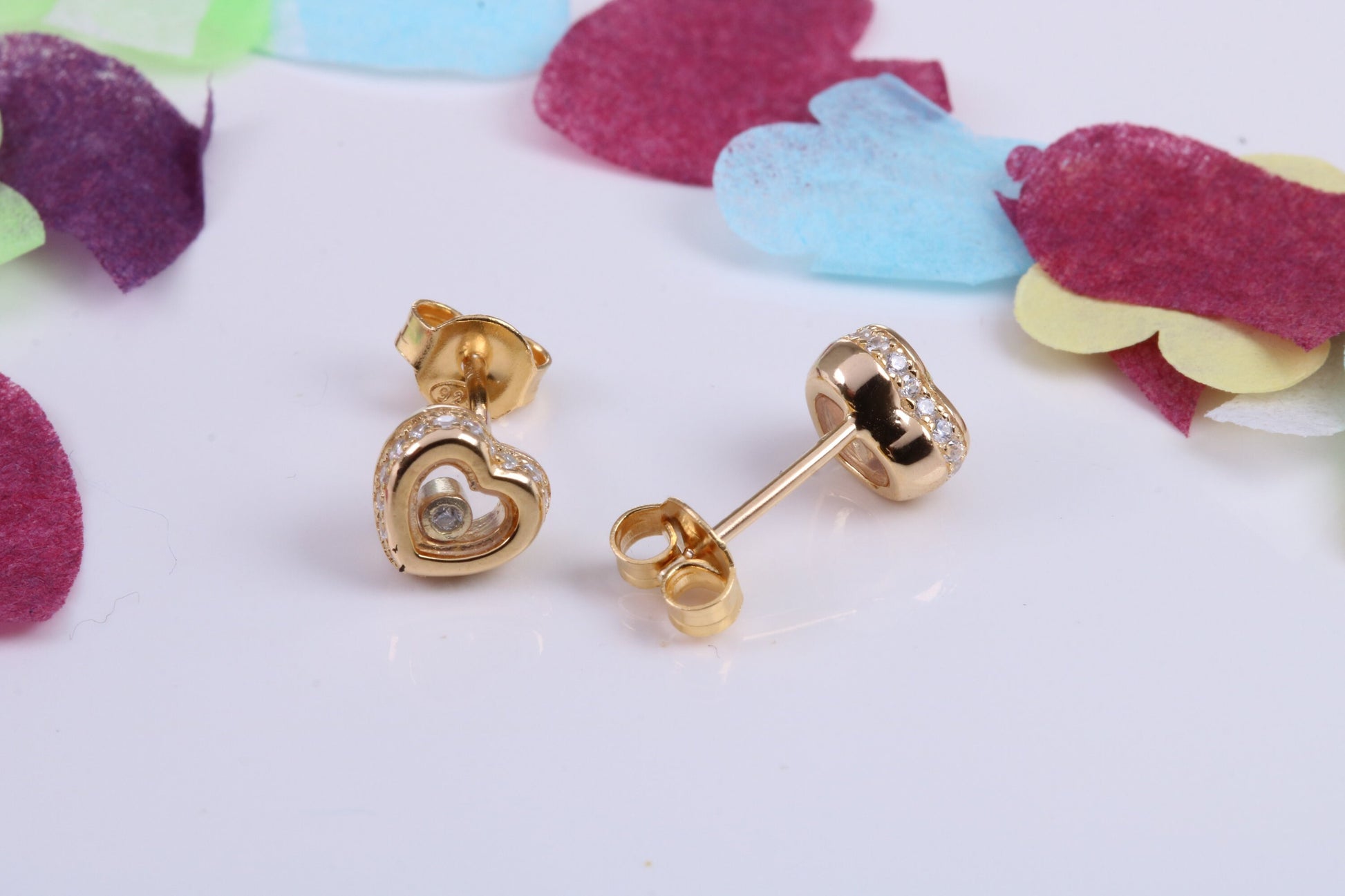 Love Heart Shaped Cubic Zirconia set Earrings, Very Dressy, Made from Solid 925 Grade Sterling Silver, Yellow Gold Plated