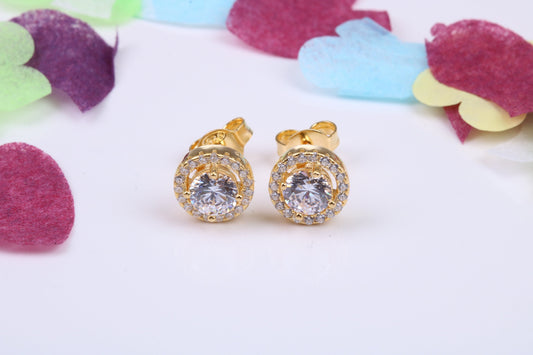 8 mm Round Cluster Cubic Zirconia set Earrings, Very Dressy, Made from Solid 925 Grade Sterling Silver, Yellow Gold Plated