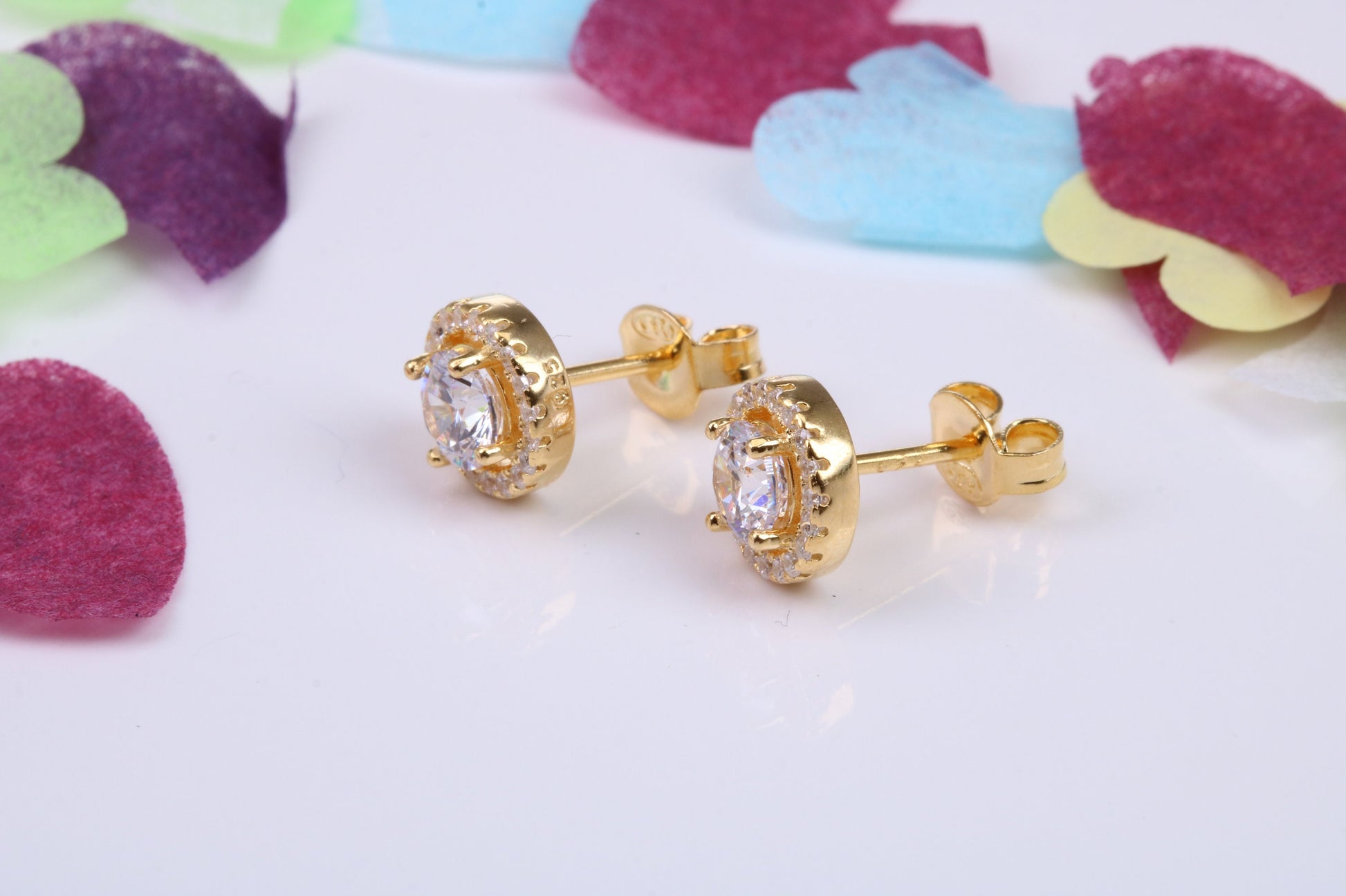 8 mm Round Cluster Cubic Zirconia set Earrings, Very Dressy, Made from Solid 925 Grade Sterling Silver, Yellow Gold Plated