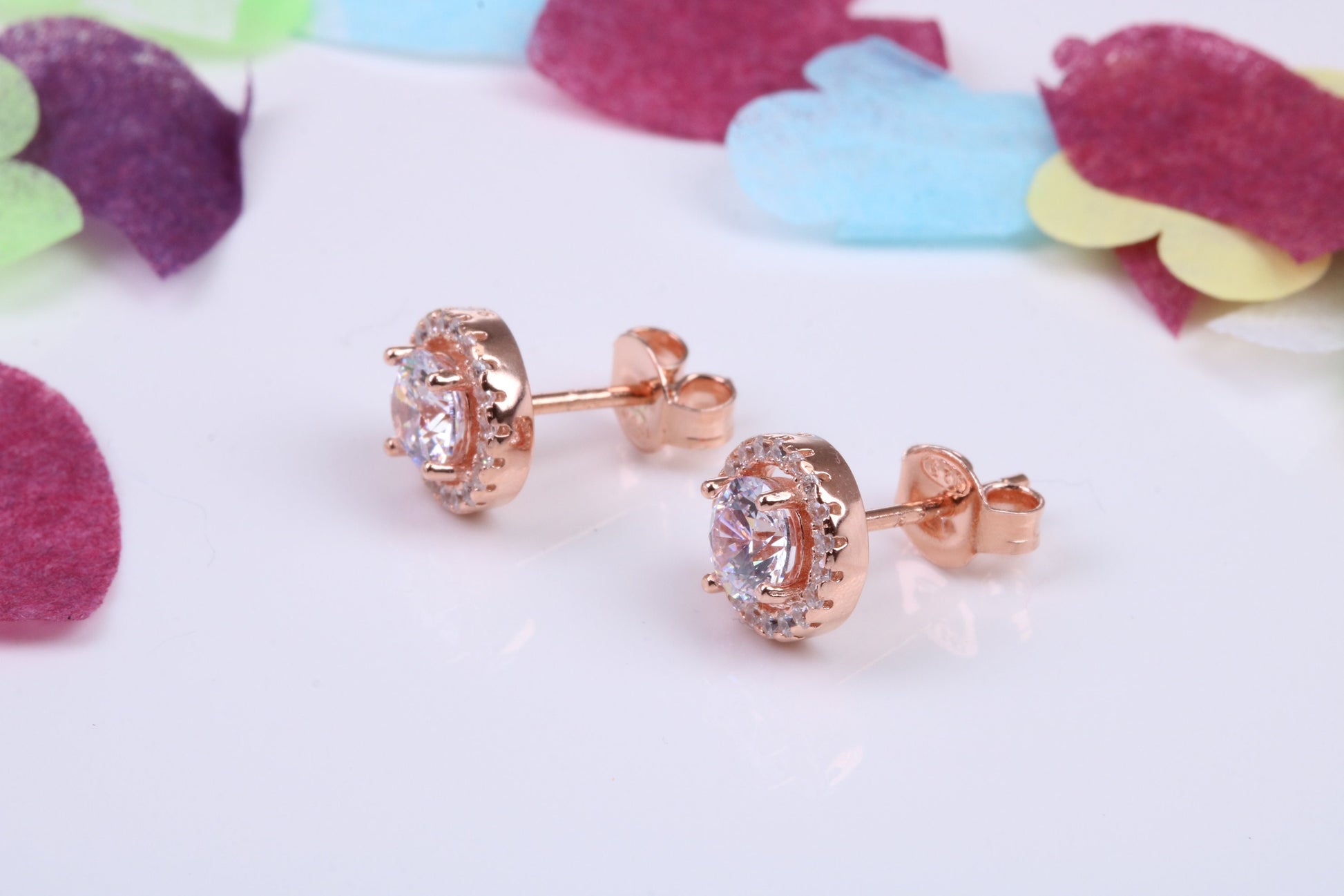 8 mm Round Cluster Cubic Zirconia set Earrings, Very Dressy, Made from Solid 925 Grade Sterling Silver, Rose Gold Plated