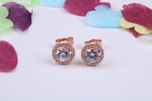 8 mm Round Cluster Cubic Zirconia set Earrings, Very Dressy, Made from Solid 925 Grade Sterling Silver, Rose Gold Plated