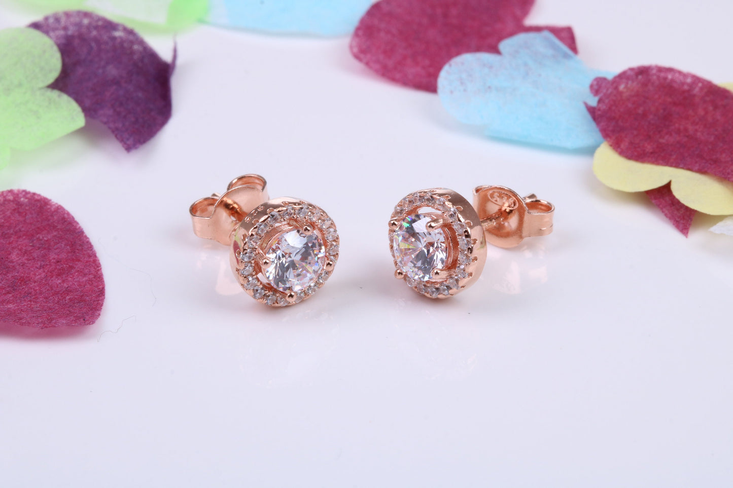 8 mm Round Cluster Cubic Zirconia set Earrings, Very Dressy, Made from Solid 925 Grade Sterling Silver, Rose Gold Plated